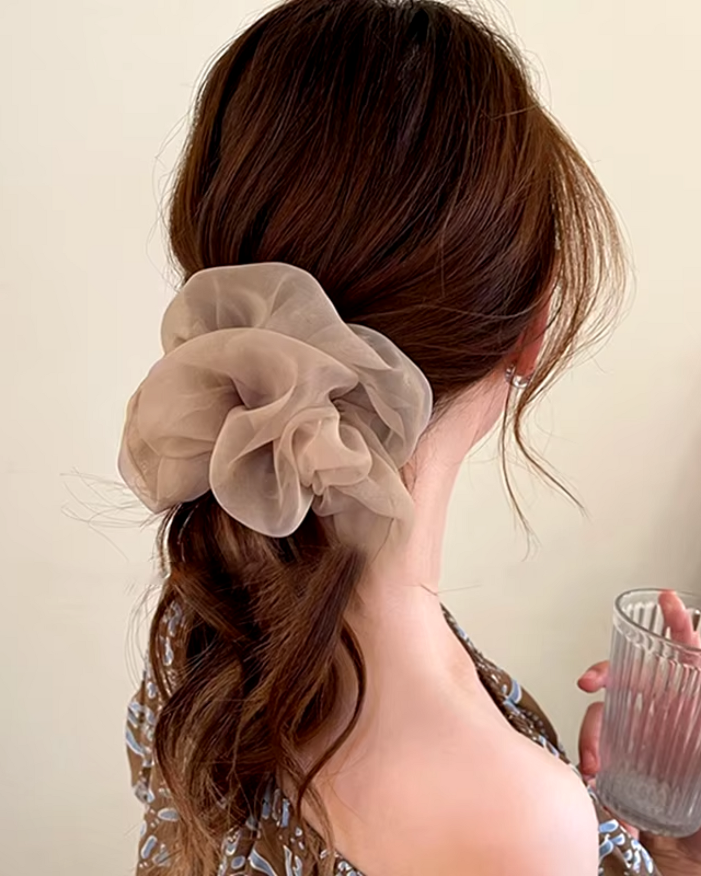 Brązowy Szyfonowa gumka do włosów scrunchie