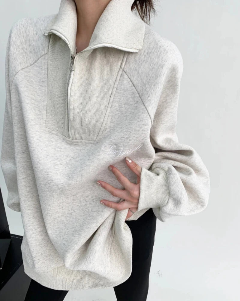 Szary Luźna bluza oversize z zapięciem na zamek