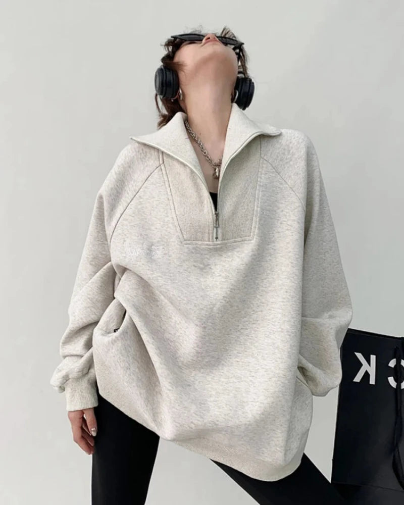 Szary Luźna bluza oversize z zapięciem na zamek