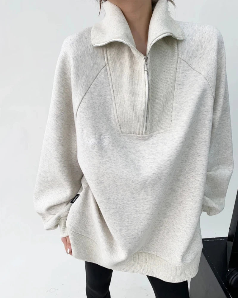 Szary Luźna bluza oversize z zapięciem na zamek