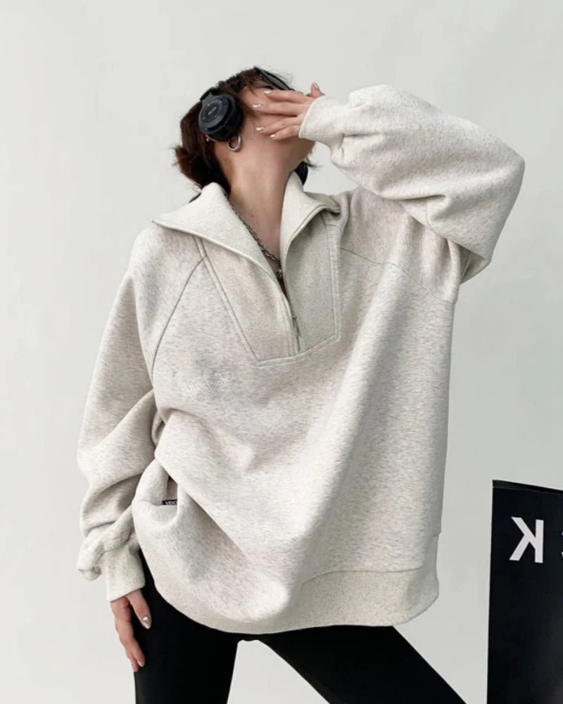 Szary Luźna bluza oversize z zapięciem na zamek